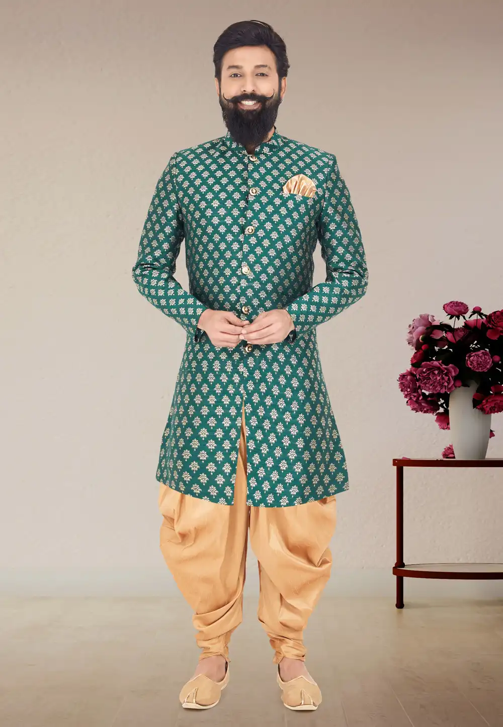 Green Jacquard Silk Indo Western Suit 271575