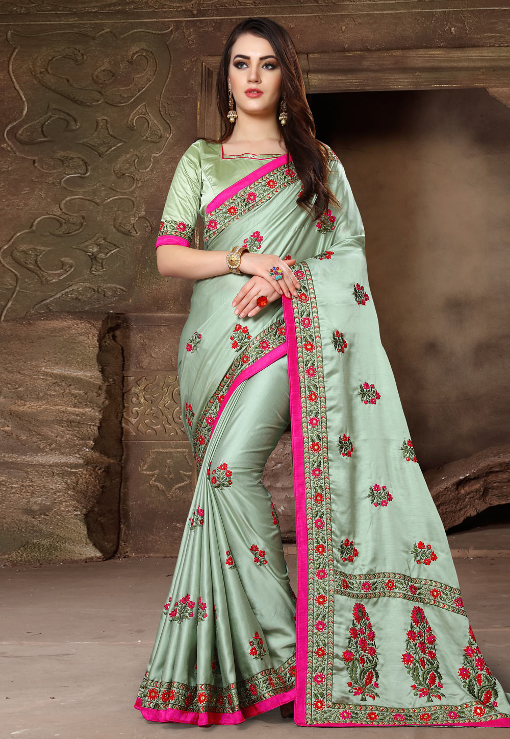Pista Green Silk Festival Wear Saree 163130