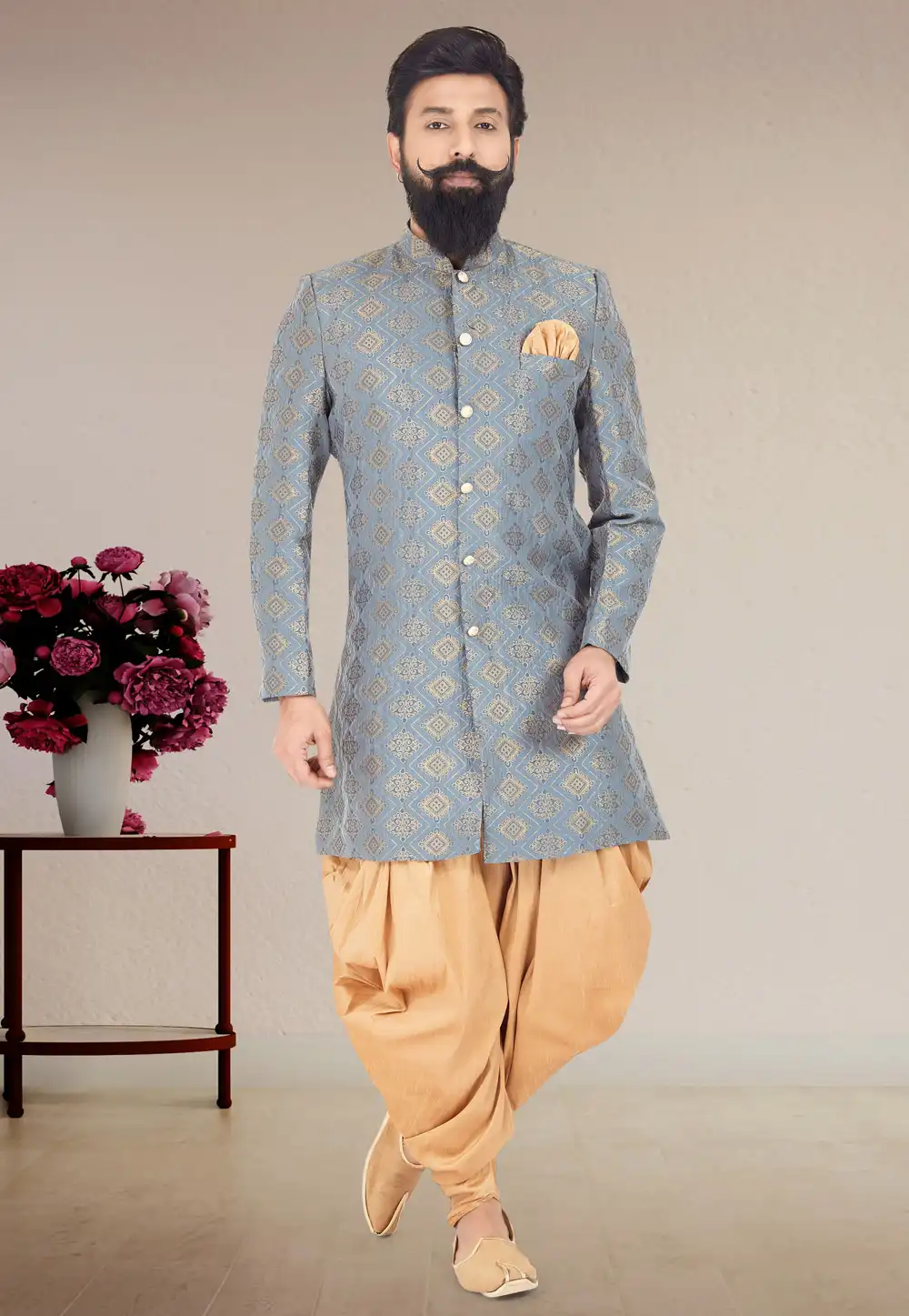 Grey Jacquard Silk Indo Western Suit 271576
