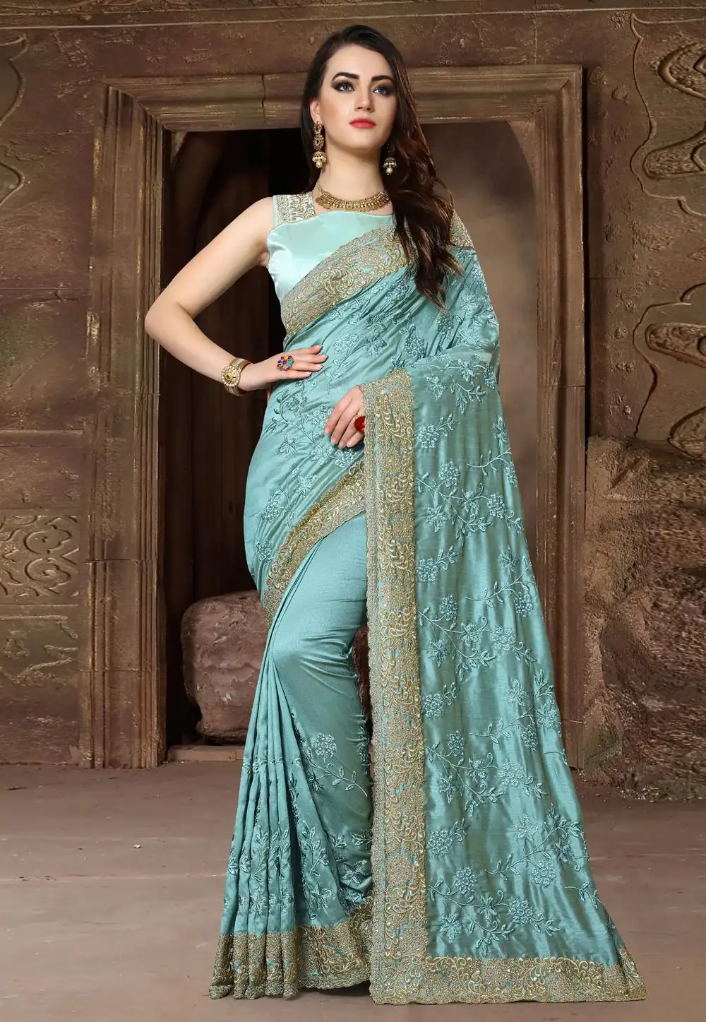 Sea Green Silk Saree With Blouse 163131
