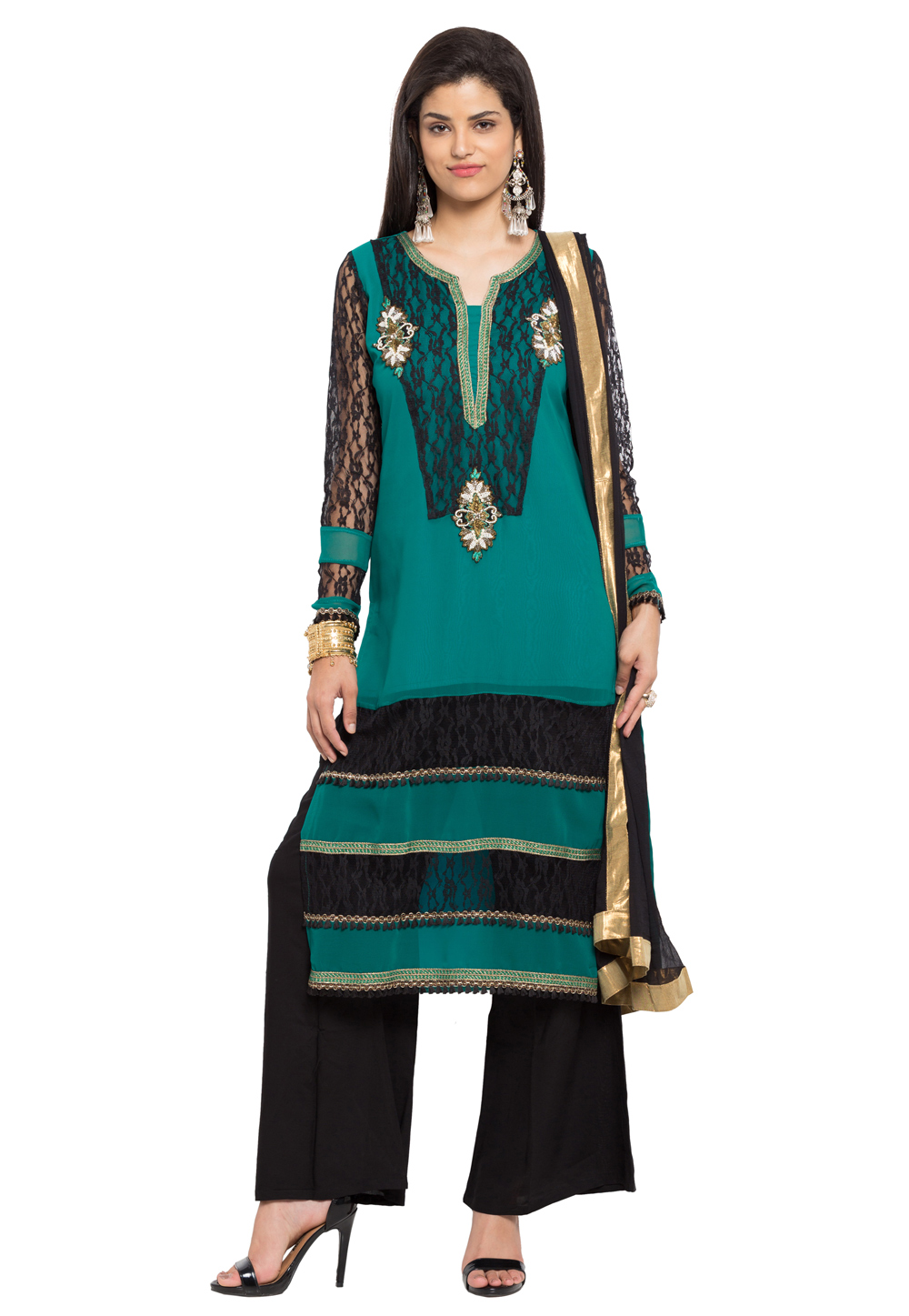 Teal Faux Georgette Readymade Palazzo Suit 230346