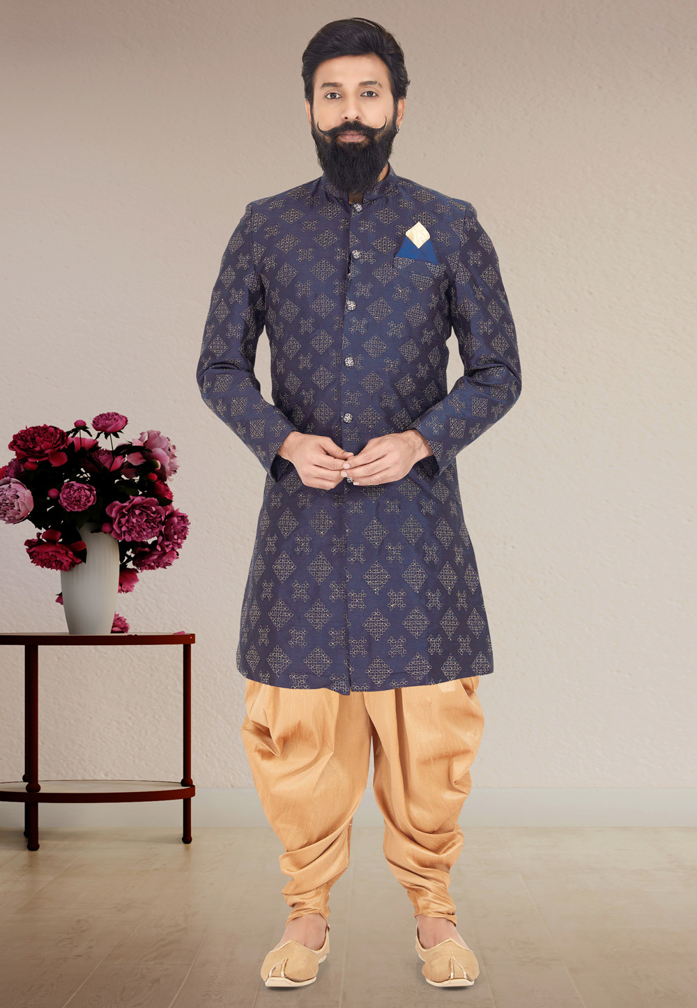 Navy Blue Dupion Silk Indo Western Suit 271582