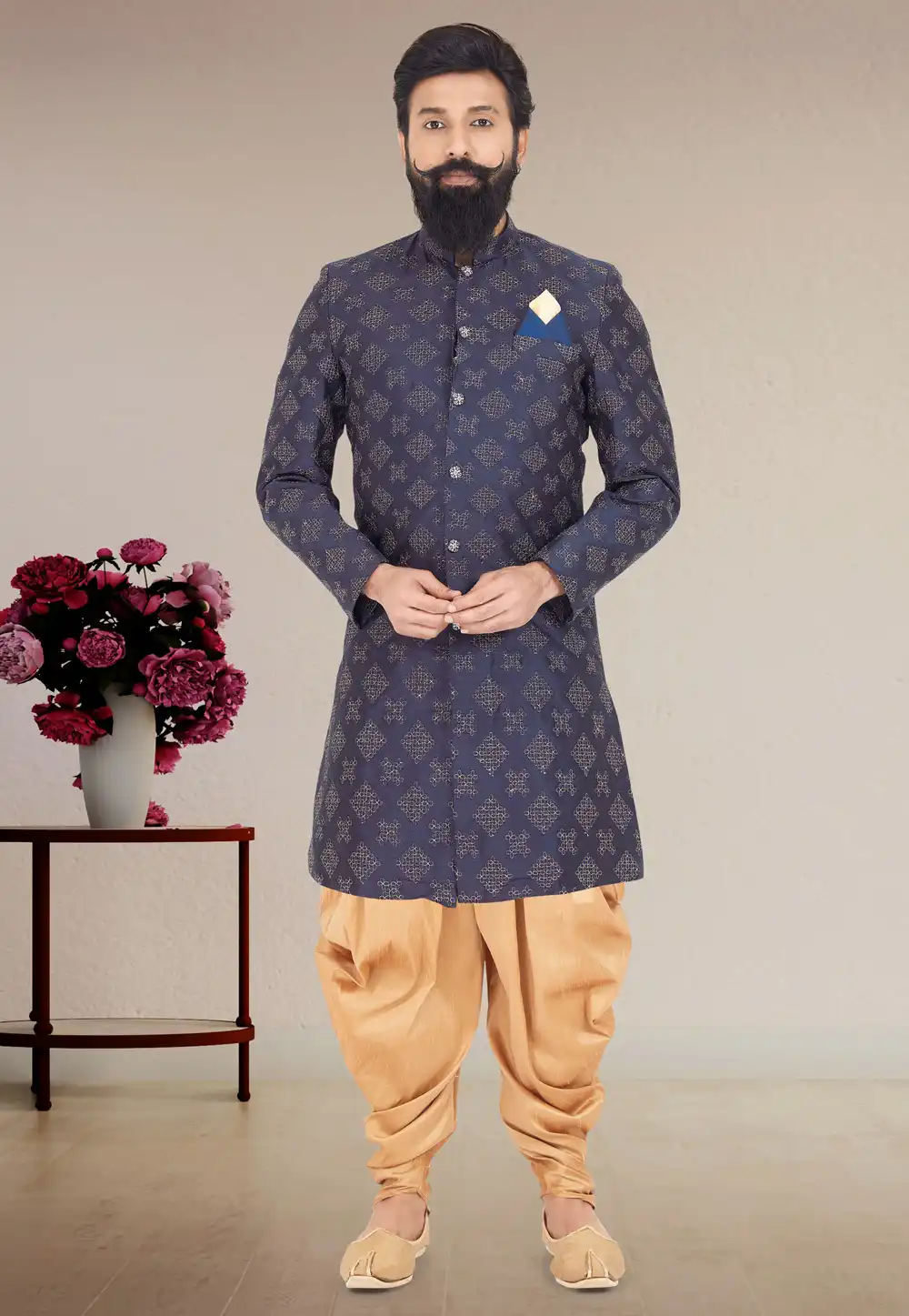 Navy Blue Dupion Silk Indo Western Suit 271582