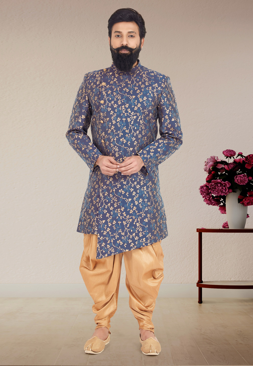 Navy Blue Jacquard Silk Indo Western Suit 271583