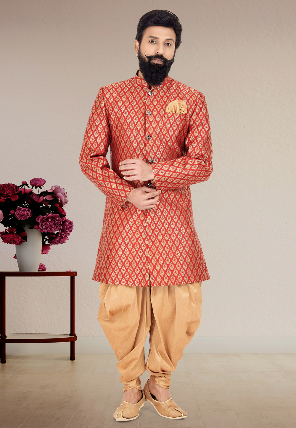 Red Jacquard Silk Indo Western Suit 271584