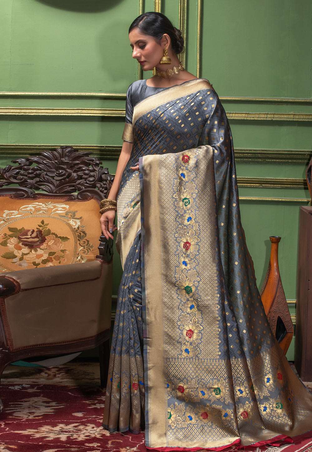 Grey Banarasi Silk Saree With Blouse 228332