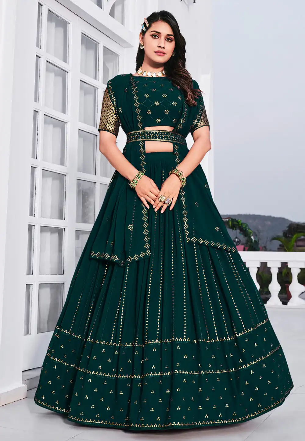 Green Georgette A Line Lehenga Choli 259655