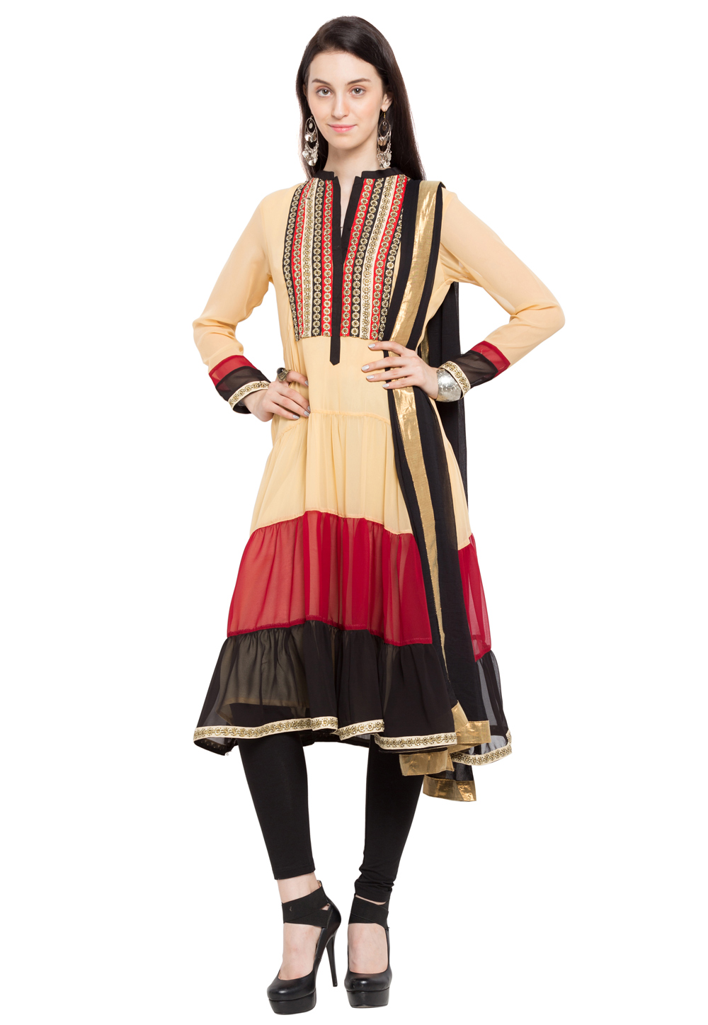 Beige Faux Georgette Readymade Churidar Suit 230347