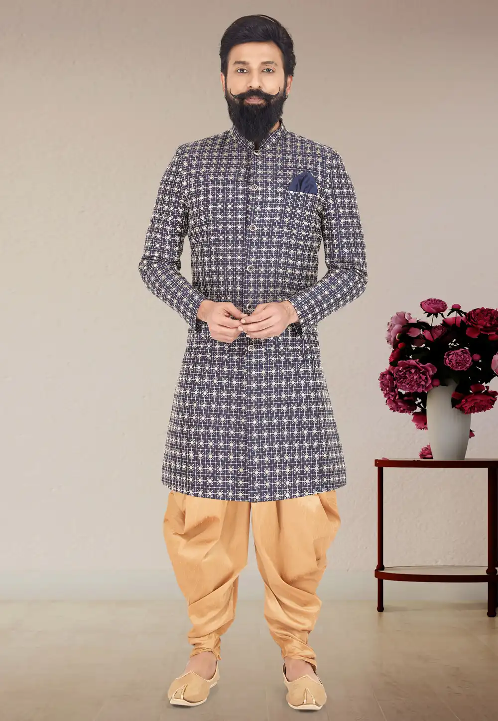 Navy Blue Silk Indo Western Suit 271585