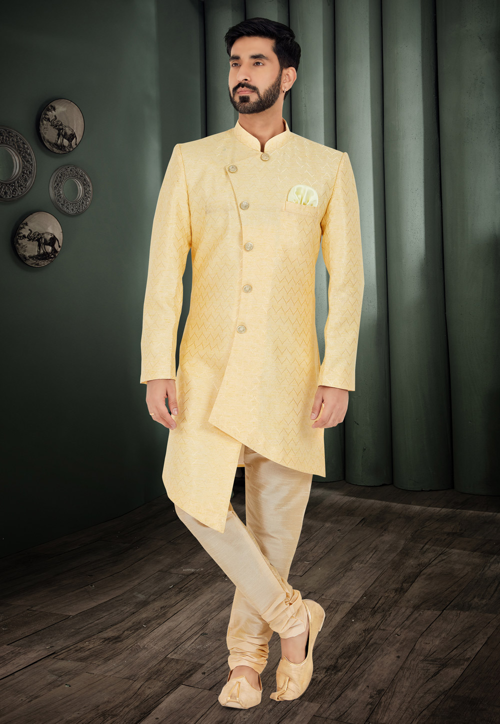 Yellow Cotton Jacquard Indo Western Suit 271586