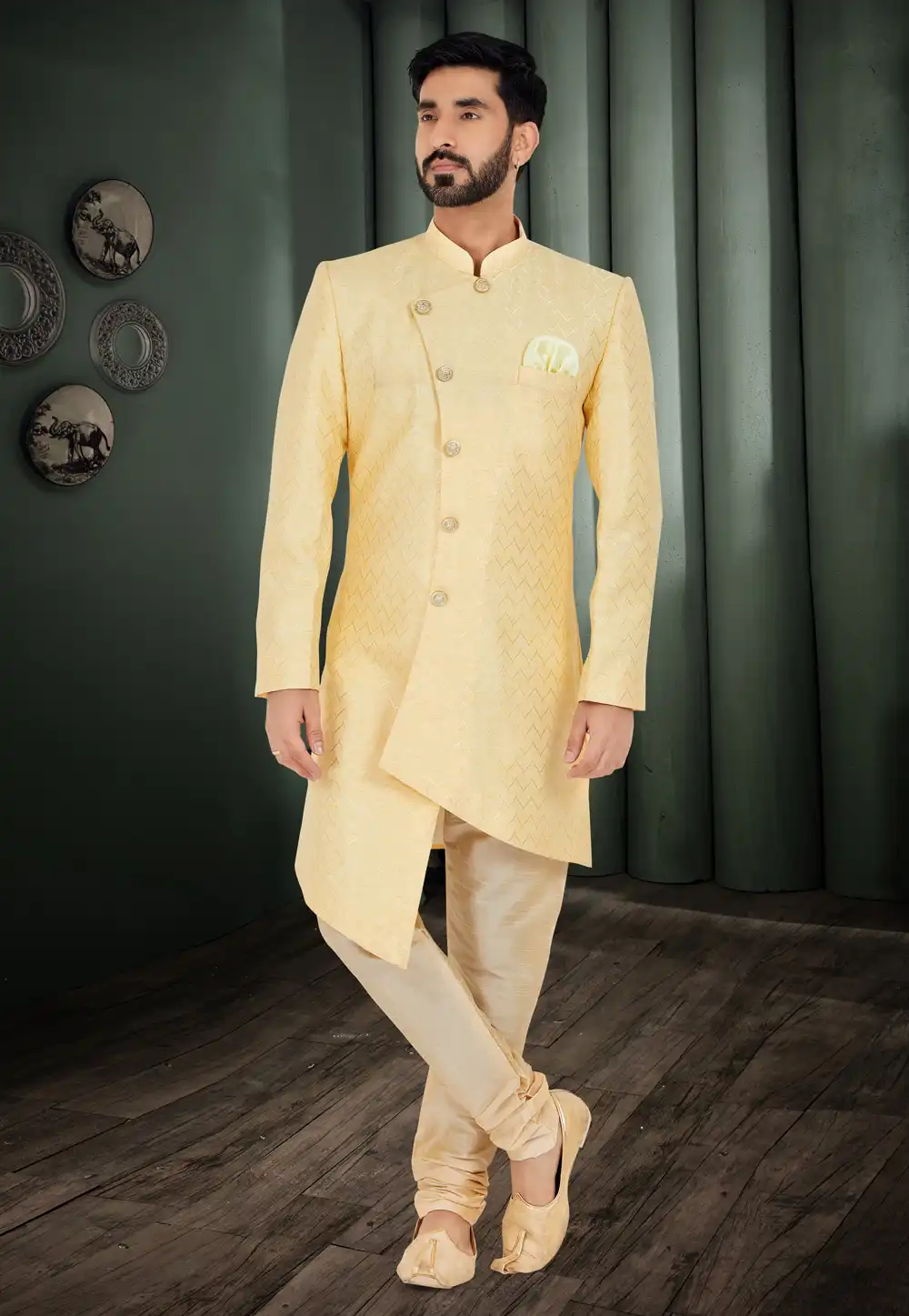 Yellow Cotton Jacquard Indo Western Suit 271586