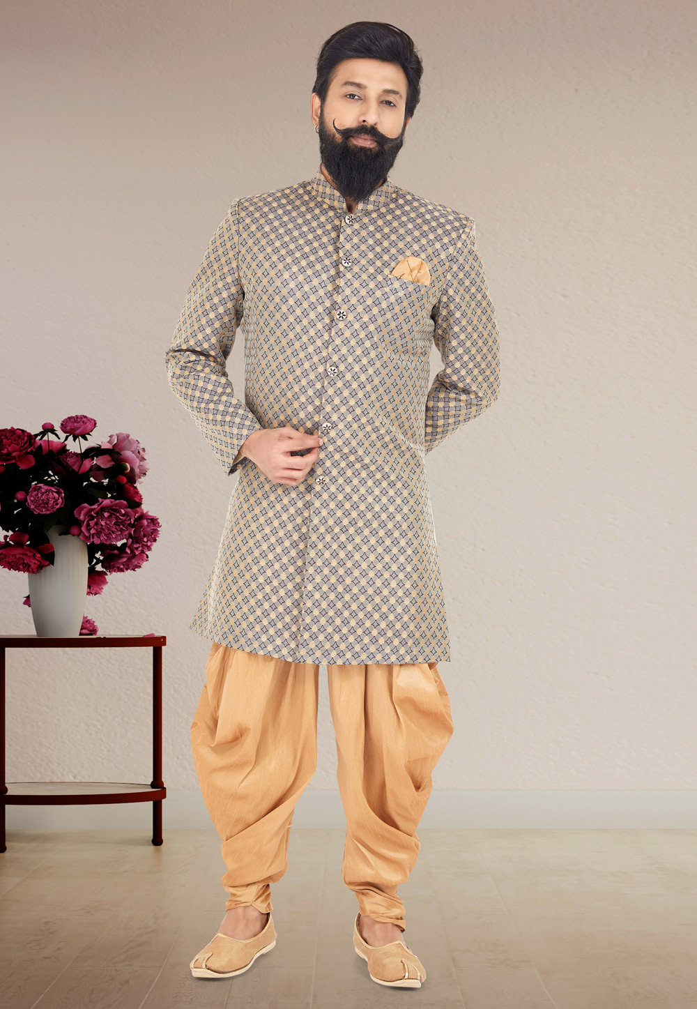 Grey Jacquard Indo Western Suit 271587