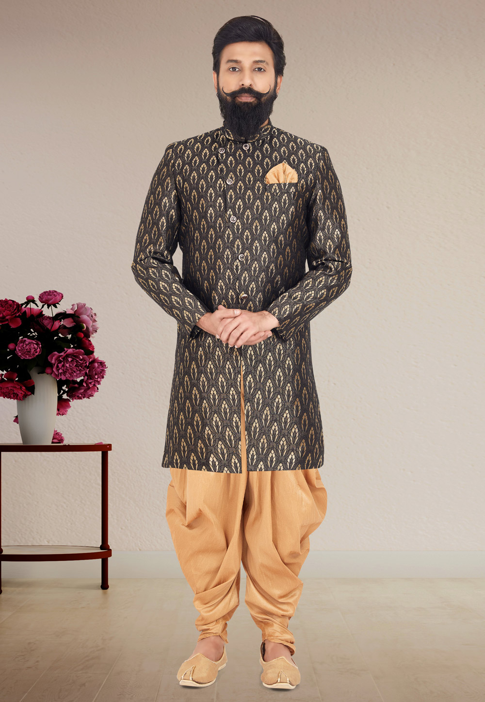 Black Jacquard Silk Indo Western Suit 271589