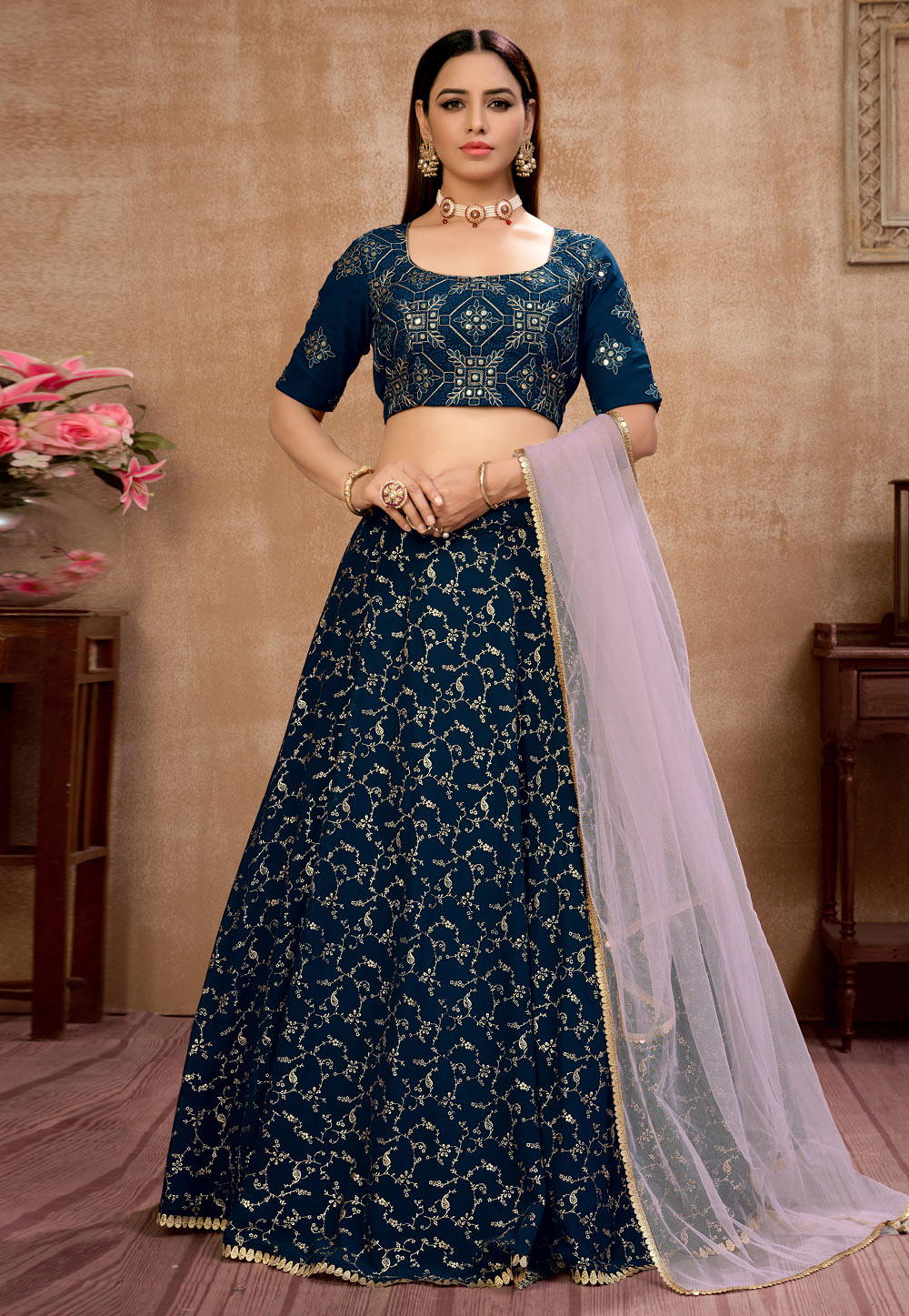 Navy Blue Georgette Embroidered Lehenga Choli 223097