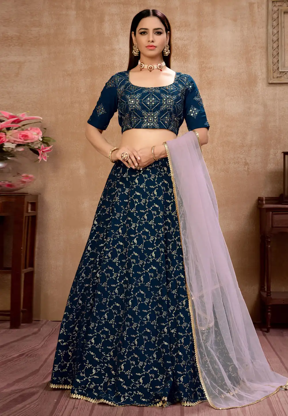 Navy Blue Georgette Embroidered Lehenga Choli 223097