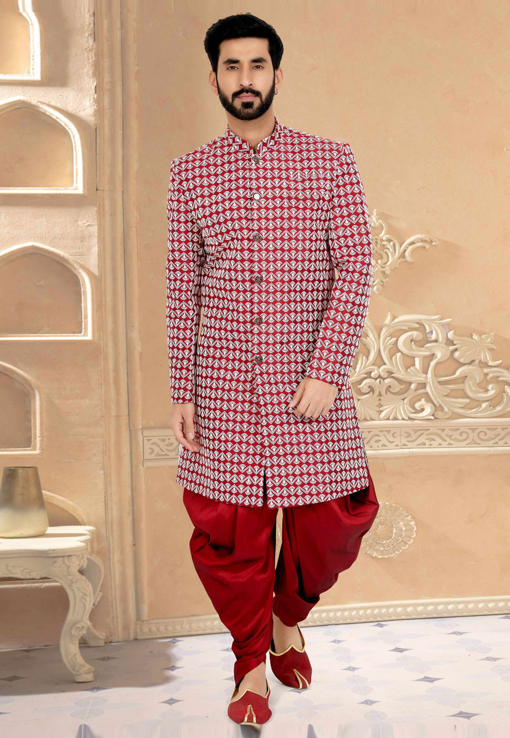 Red Silk Indo Western Suit 271596