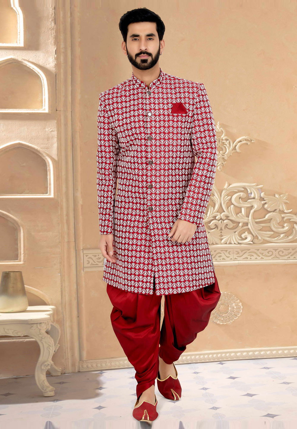 Red Silk Indo Western Suit 271596