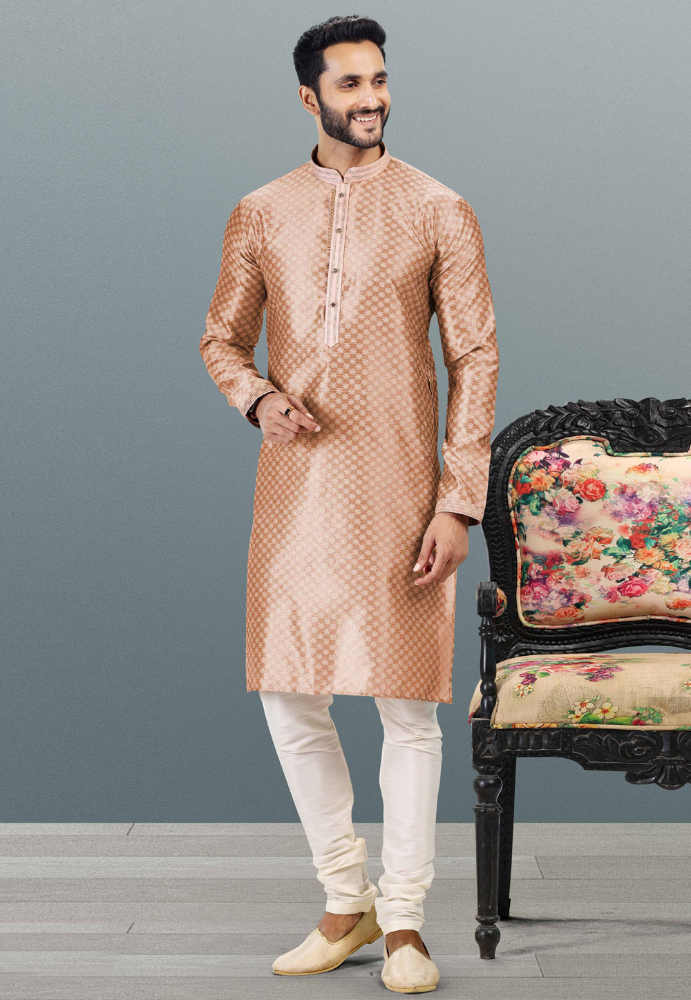 Peach Jacquard Kurta Pajama 259206