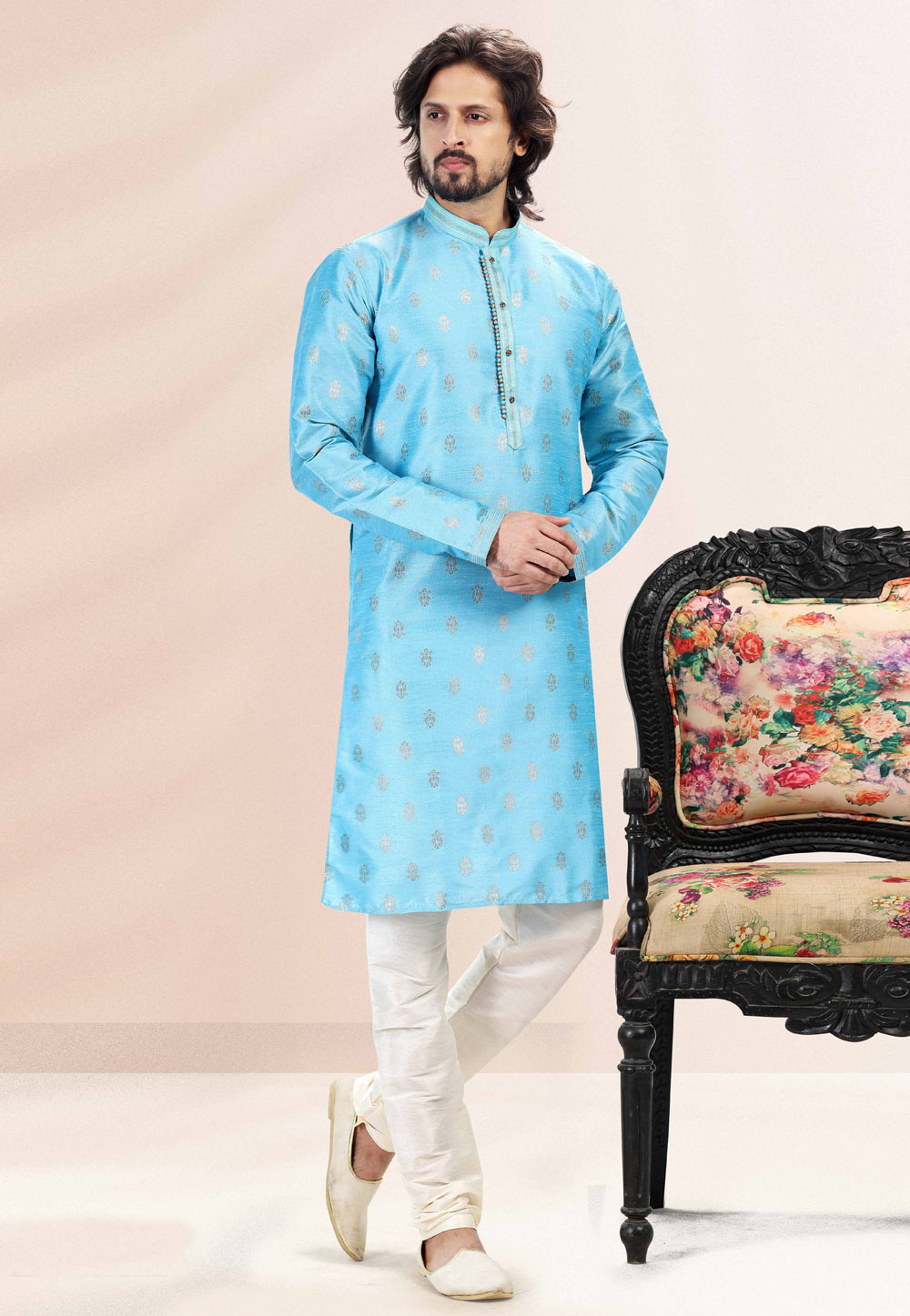 Sky Blue Jacquard Kurta Pajama 259209