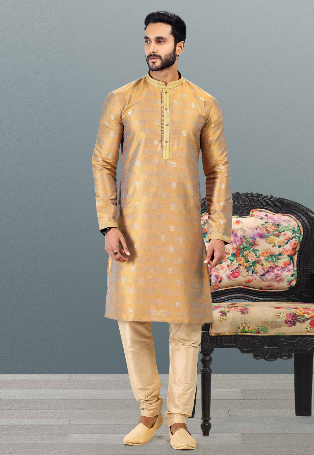 Golden Jacquard Kurta Pajama 259212