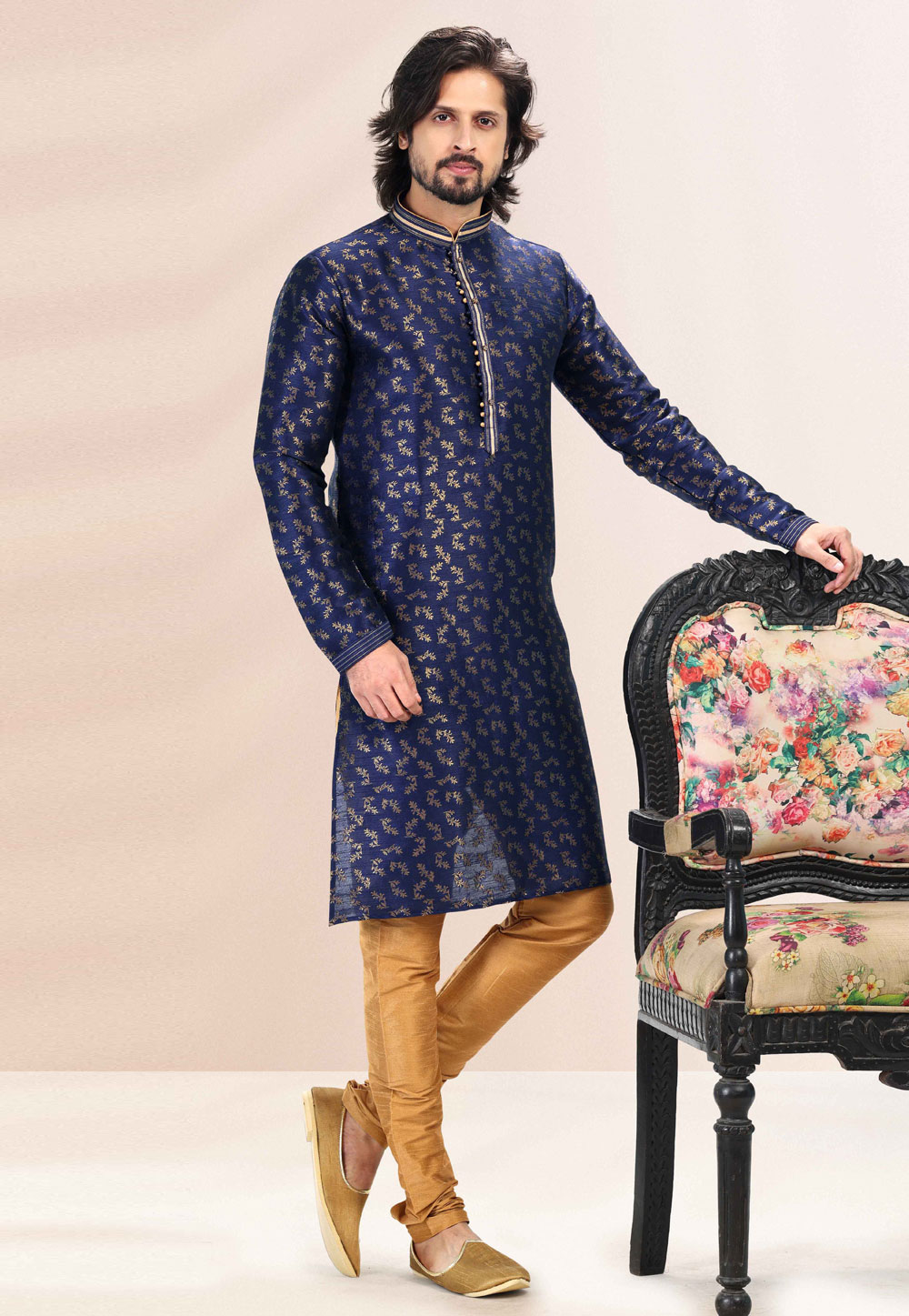 Navy Blue Jacquard Kurta Pajama 259213