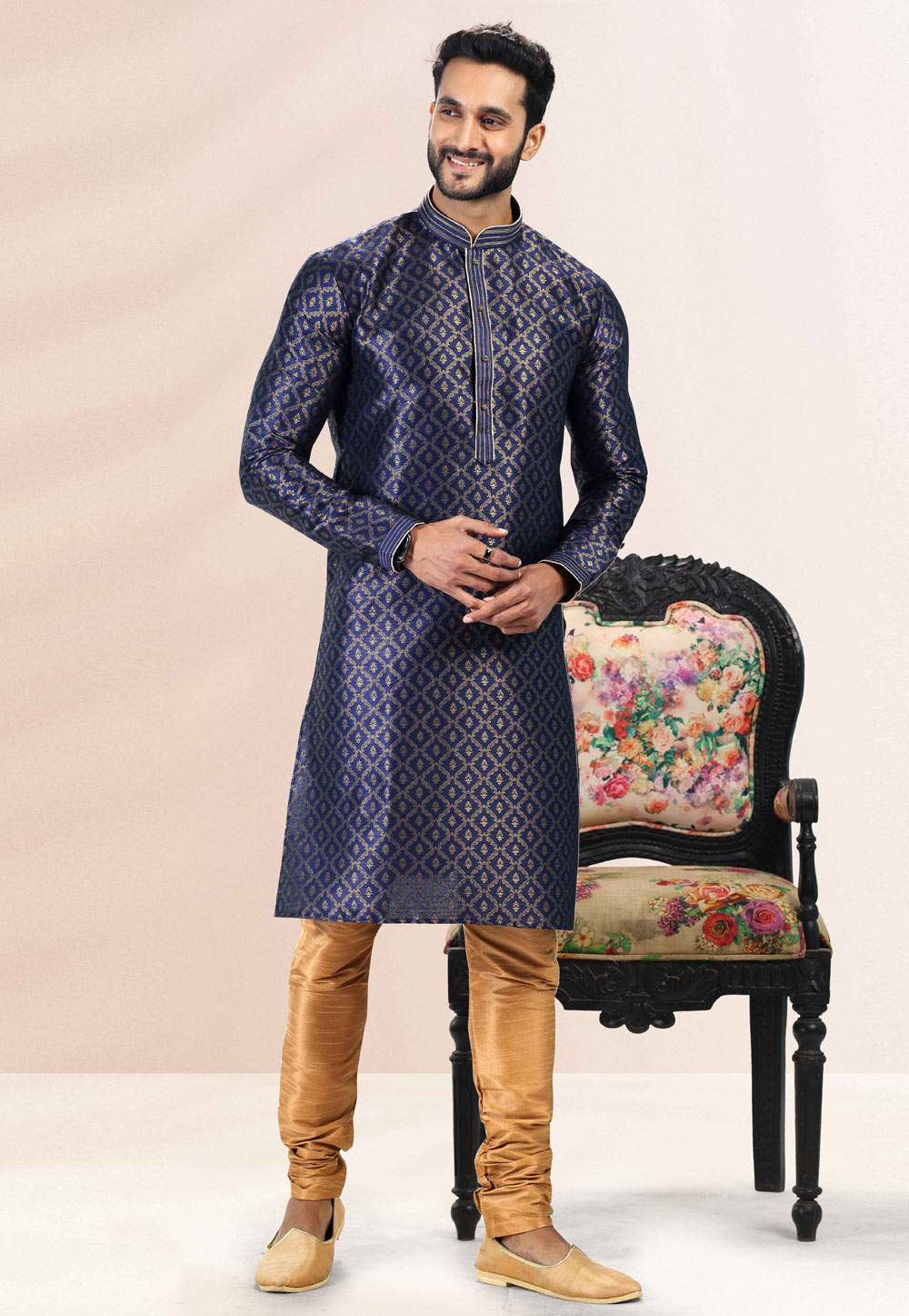 Navy Blue Jacquard Kurta Pajama 259217