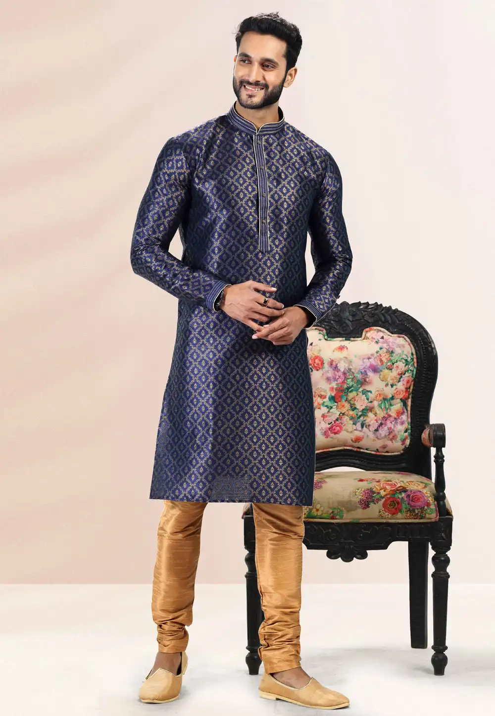 Navy Blue Jacquard Kurta Pajama 259217