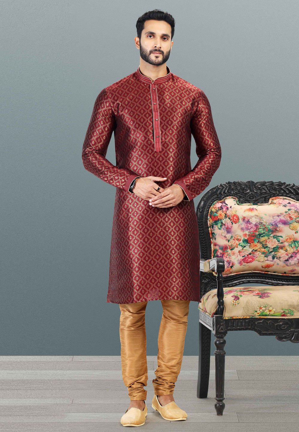 Maroon Jacquard Kurta Pajama 259218