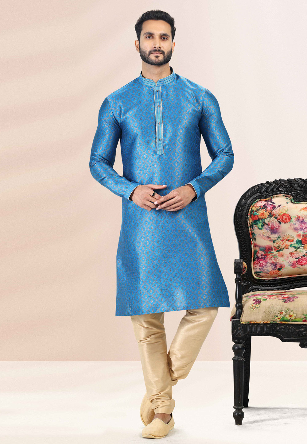 Sky Blue Jacquard Kurta Pajama 259219