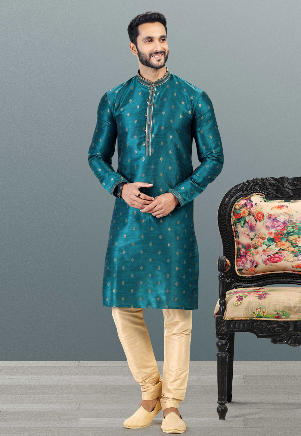 Teal Jacquard Kurta Pajama 259220