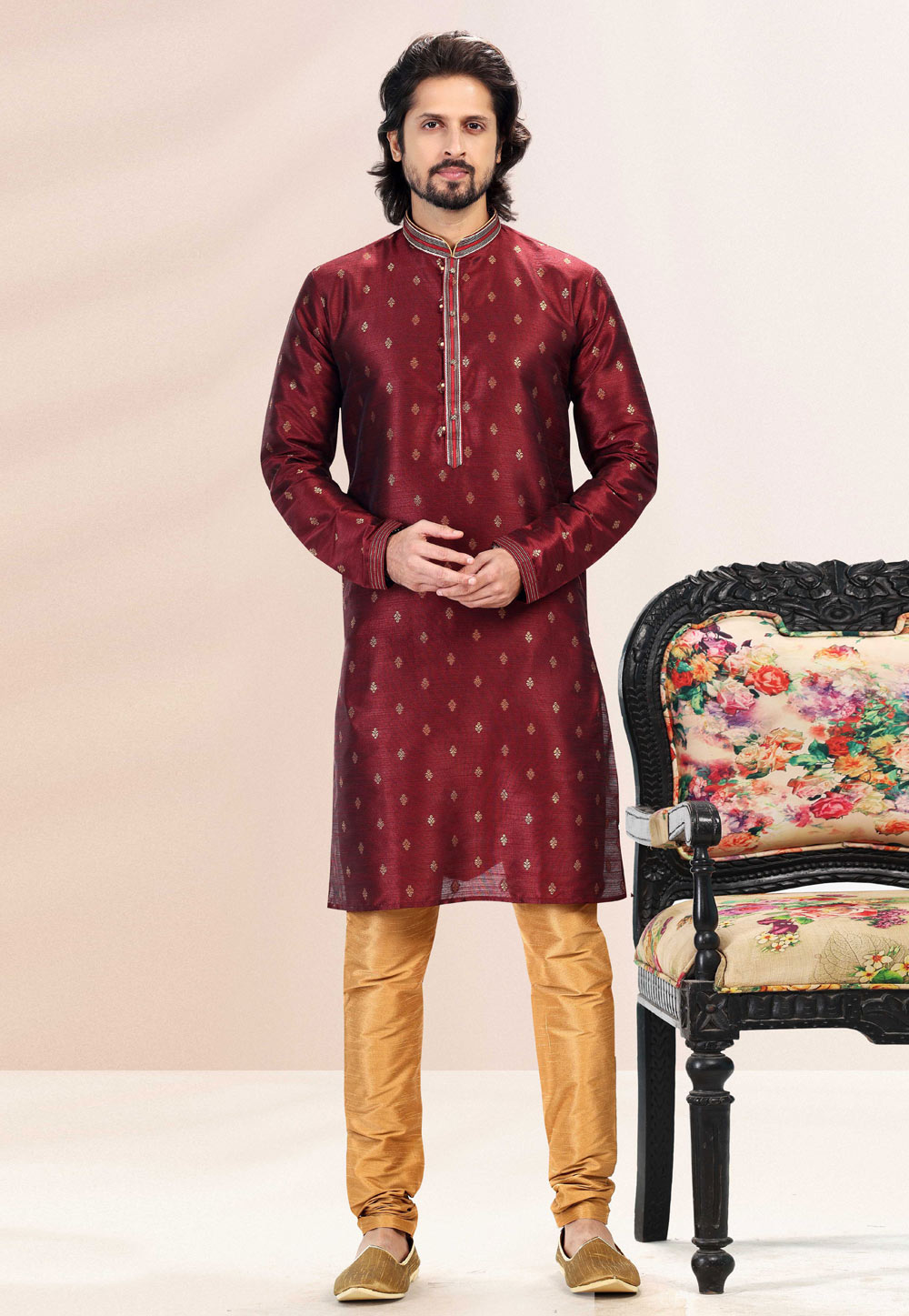 Wine Jacquard Kurta Pajama 259221