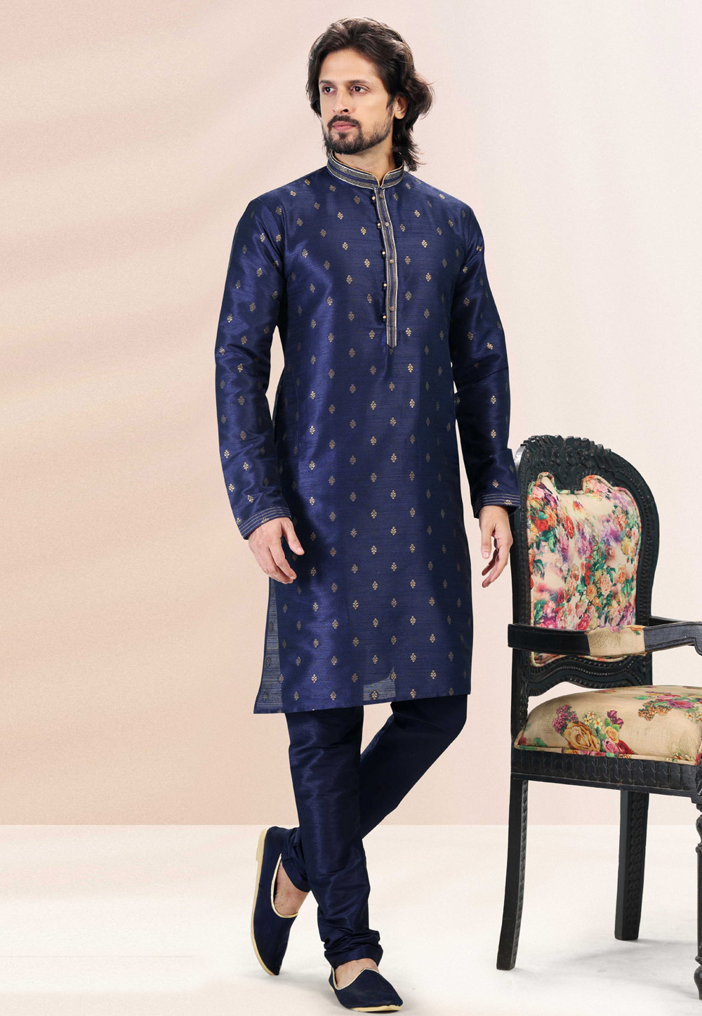 Navy Blue Jacquard Kurta Pajama 259223
