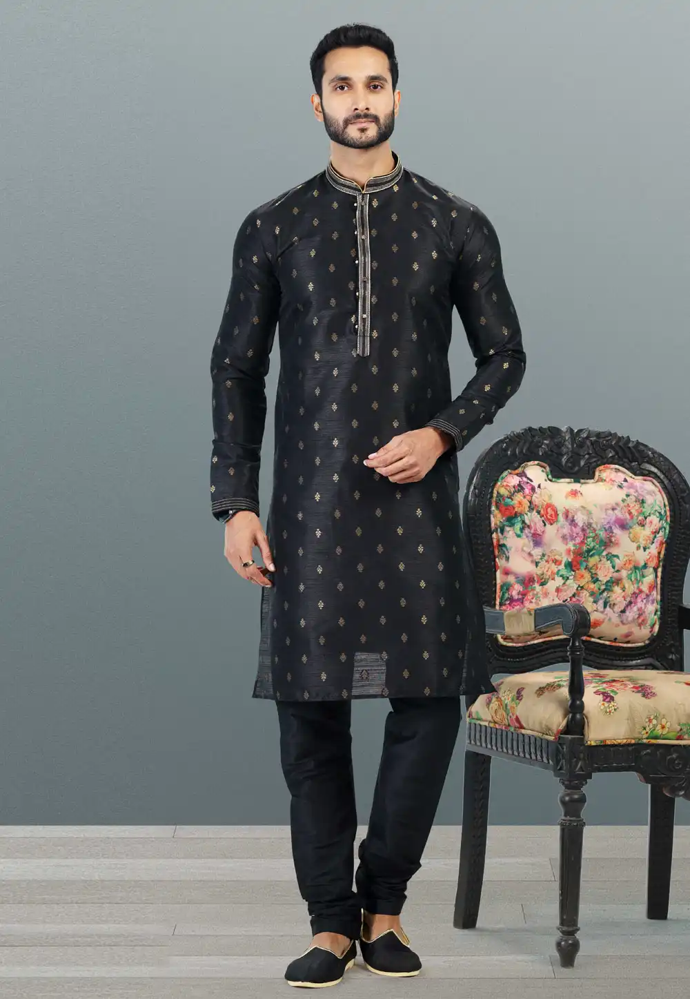 Black Jacquard Kurta Pajama 259224
