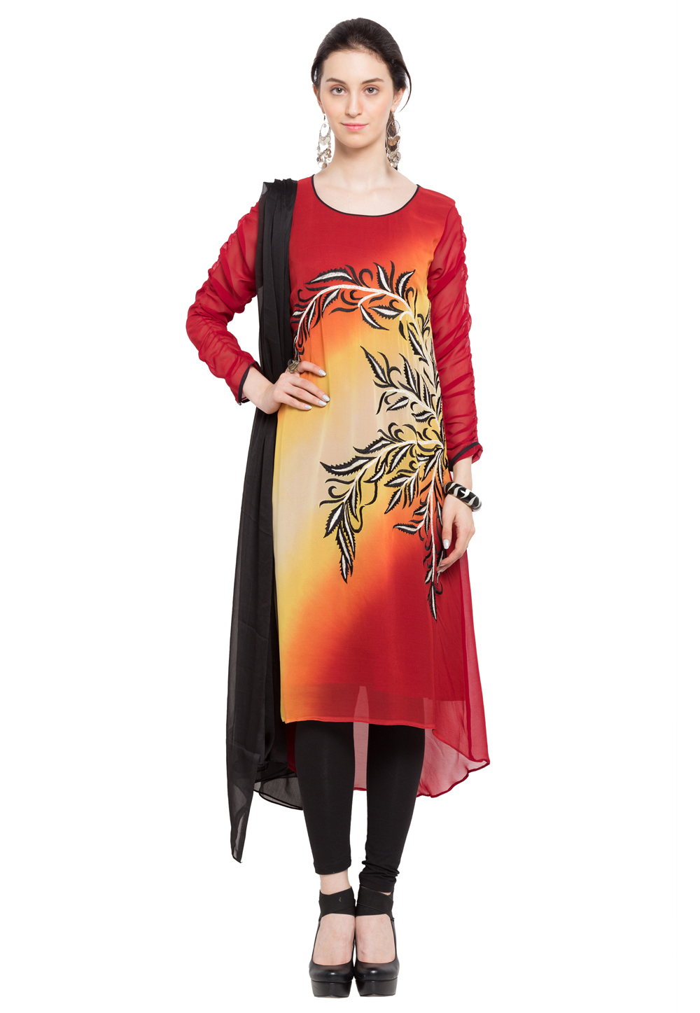 Red Faux Georgette Readymade Churidar Suit 230352