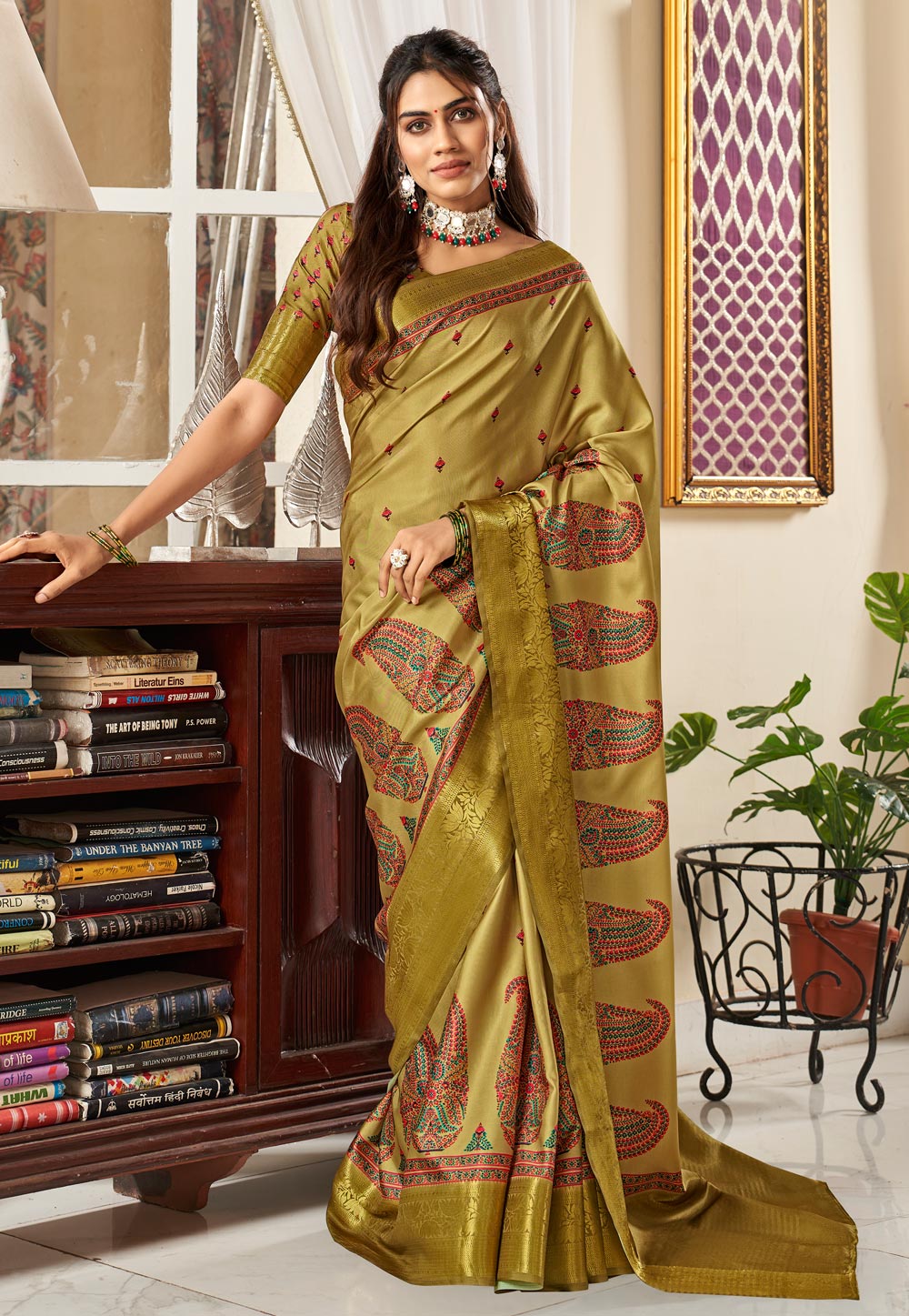 Mehndi Satin Saree With Blouse 273958