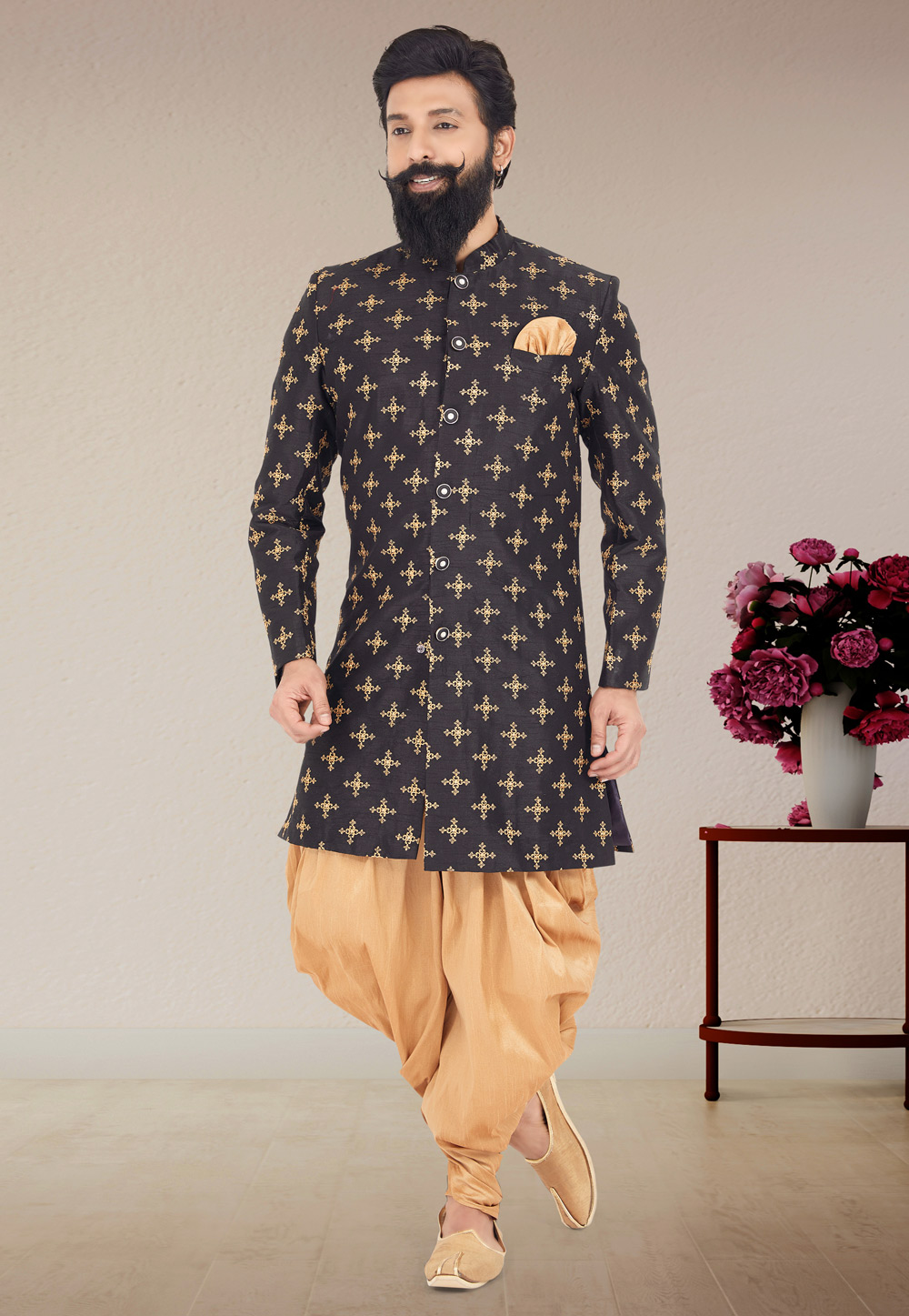 Black Dupion Silk Indo Western Suit 271604
