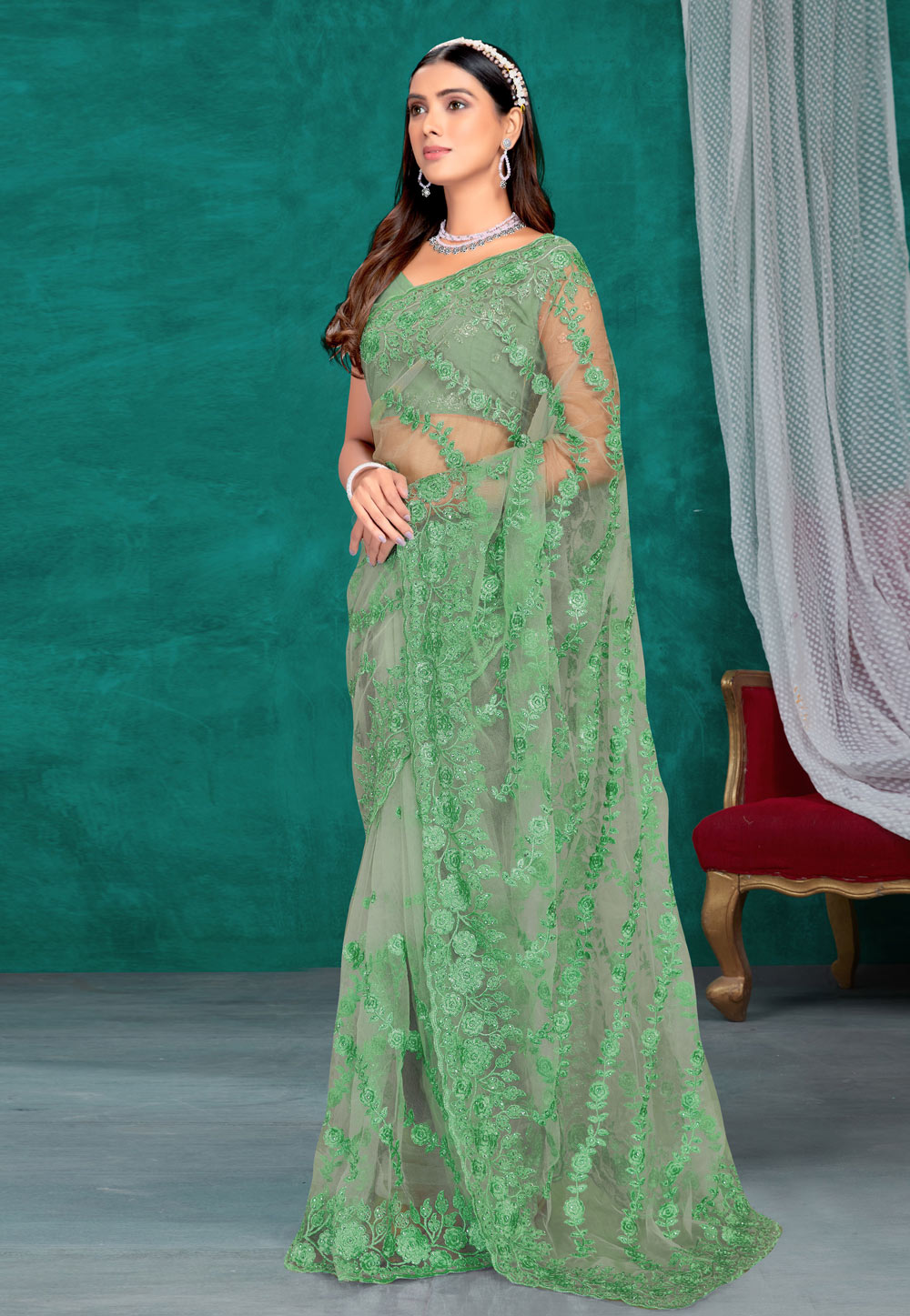Light Green Net Saree With Blouse 255938