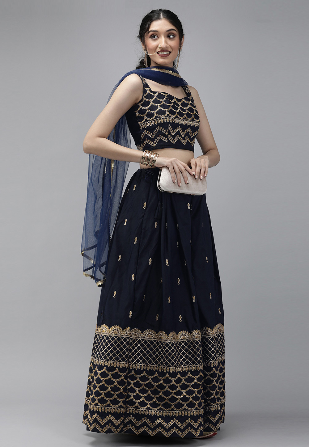 Navy Blue Taffeta A Line Lehenga Choli 269948