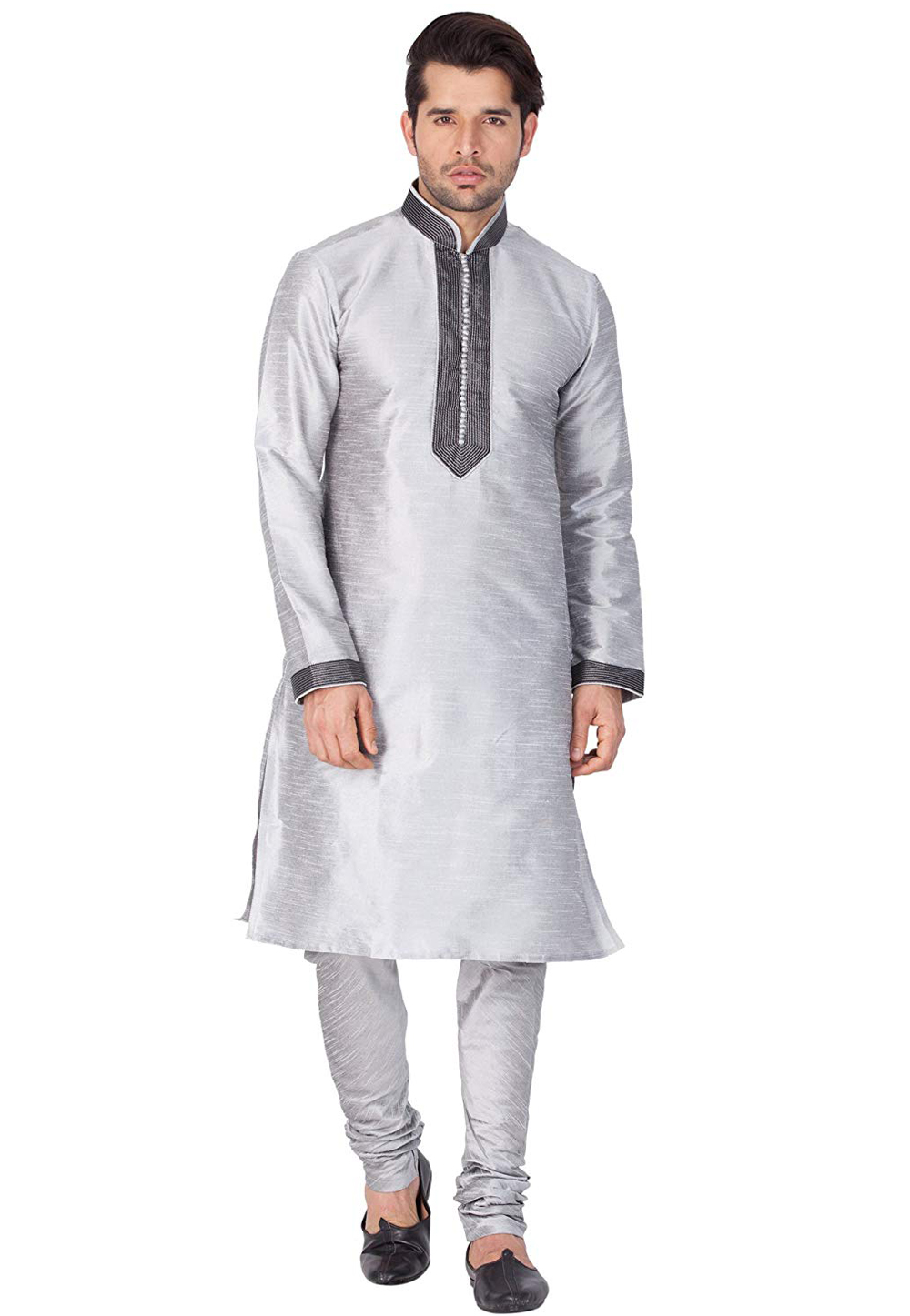 Grey Dupion Silk Readymade Kurta Pajama 176075