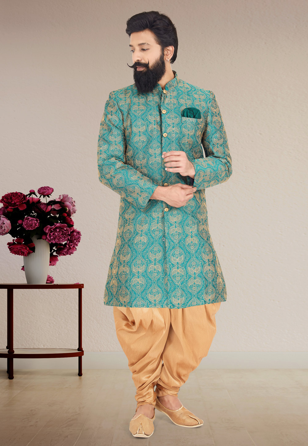 Teal Dupion Silk Indo Western Suit 271614