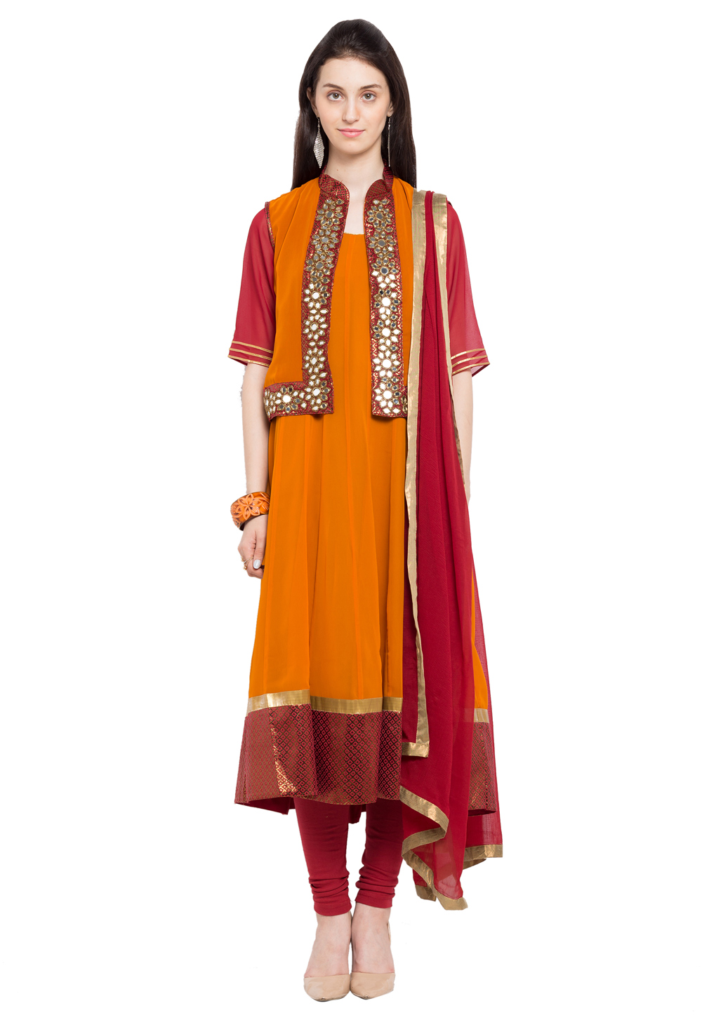Yellow Faux Georgette Readymade Churidar Suit 230360