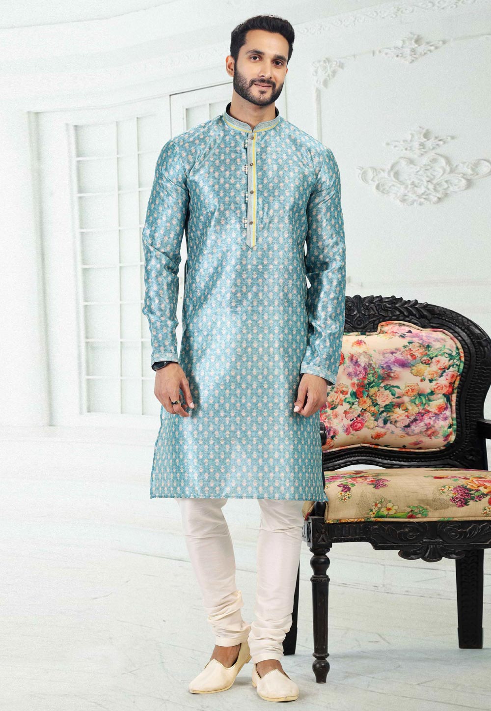 Sky Blue Banarasi Silk Readymade Kurta Pajama 260370