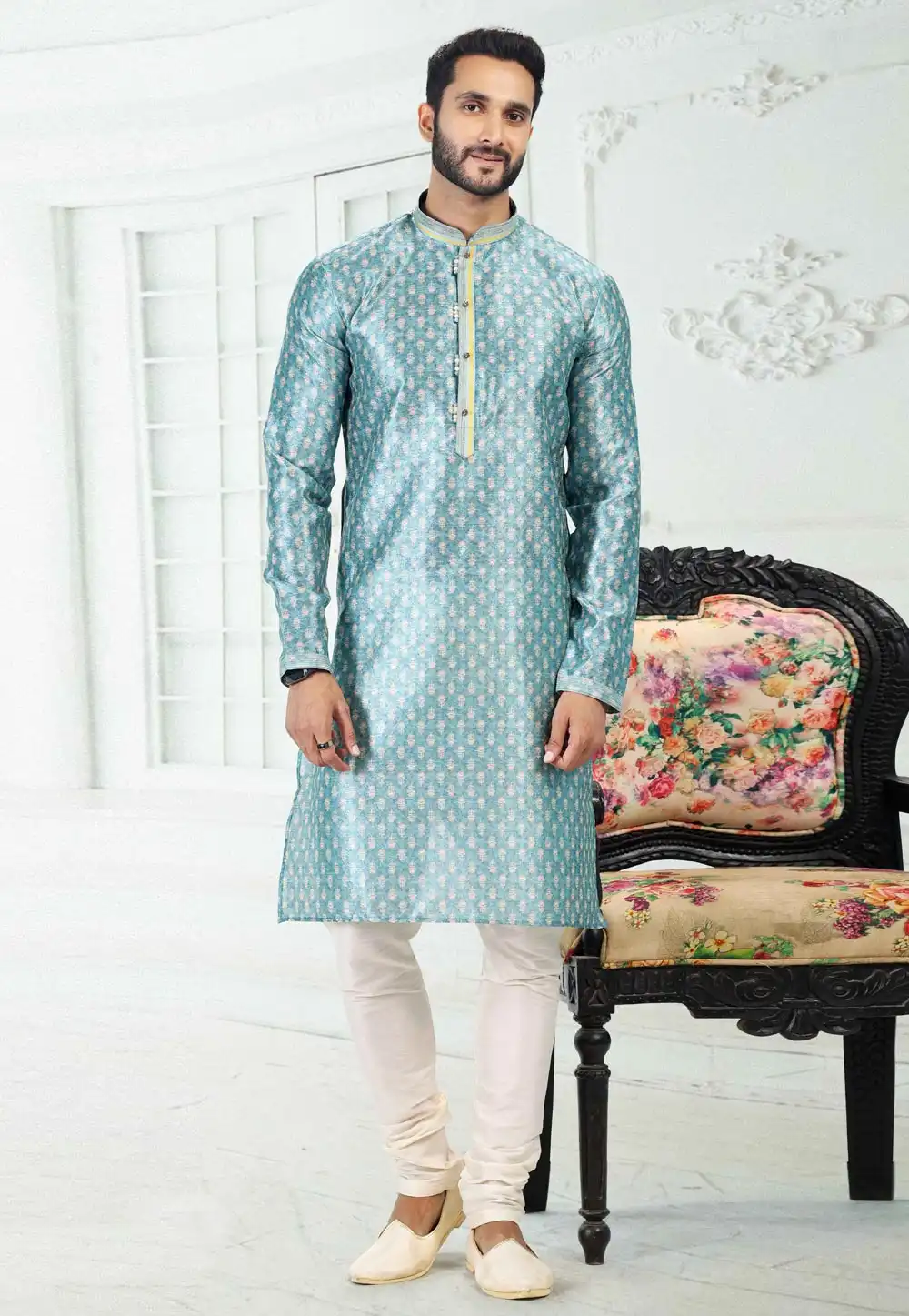 Sky Blue Banarasi Silk Readymade Kurta Pajama 260370