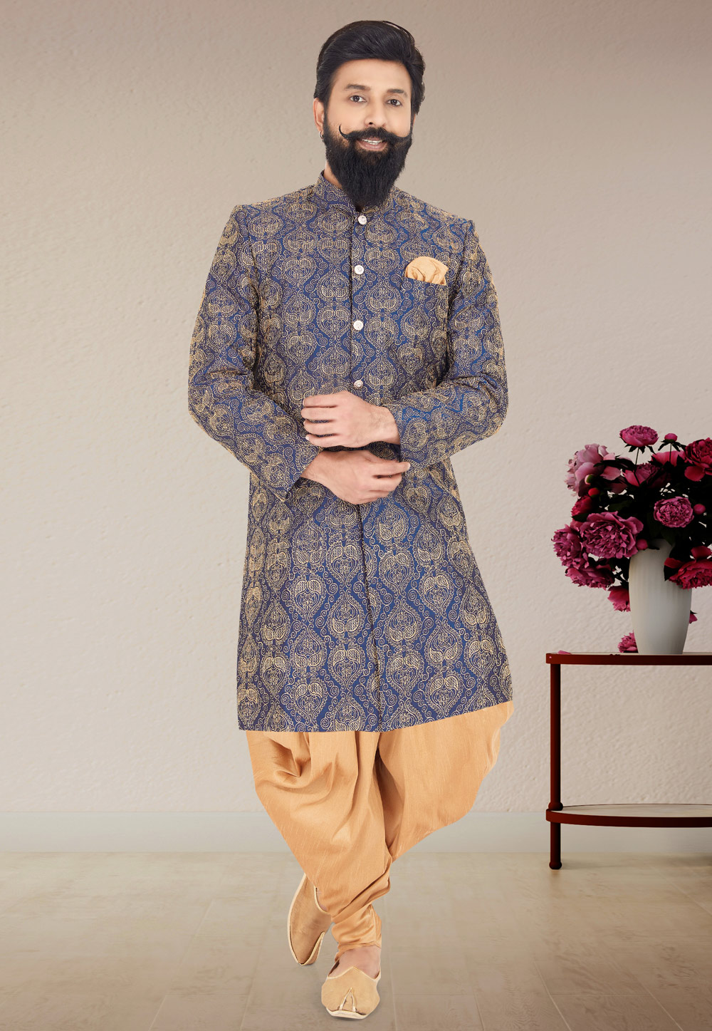 Navy Blue Dupion Silk Indo Western Suit 271615