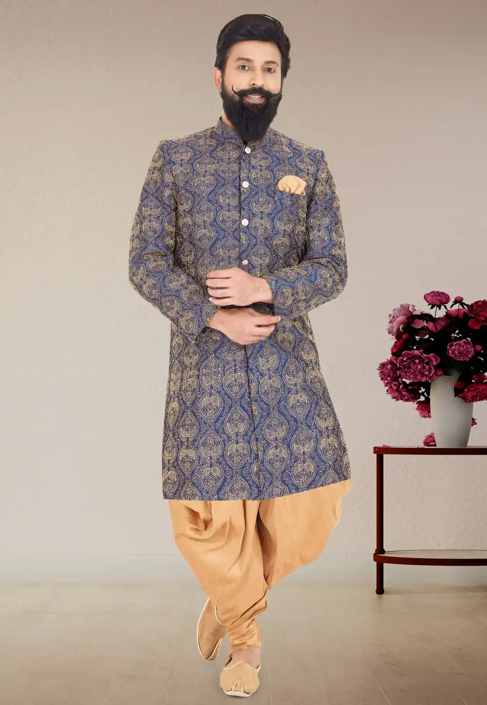 Navy Blue Dupion Silk Indo Western Suit 271615