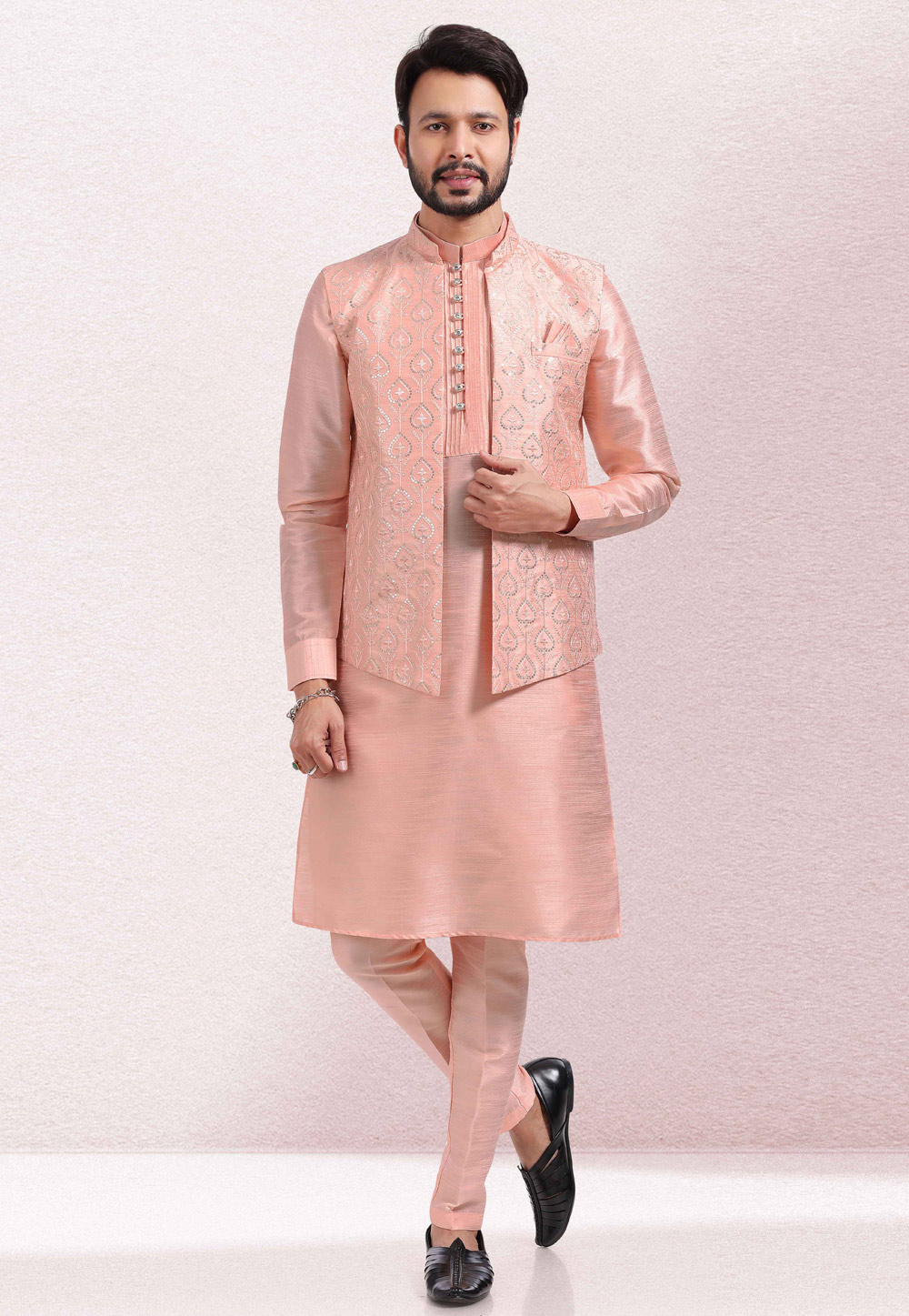 Peach Art Silk Kurta Pajama With Jacket 260143