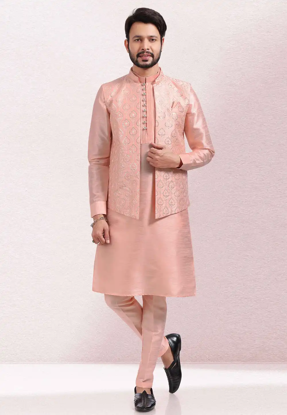 Peach Art Silk Kurta Pajama With Jacket 260143
