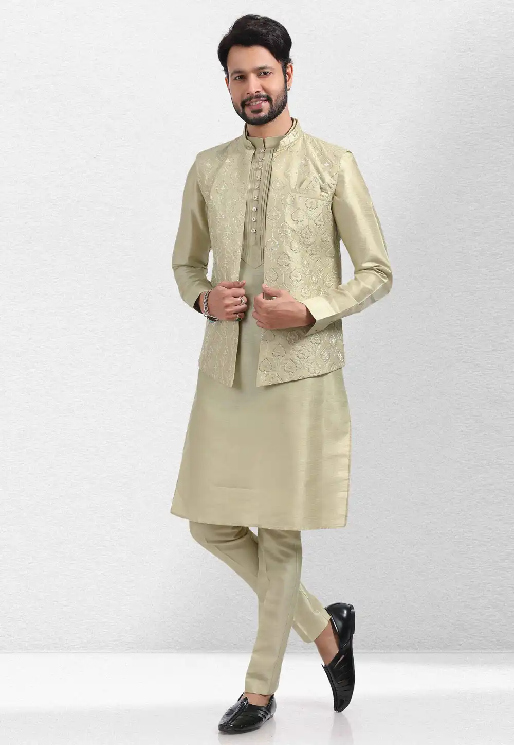 Pista Green Art Silk Kurta Pajama With Jacket 260144