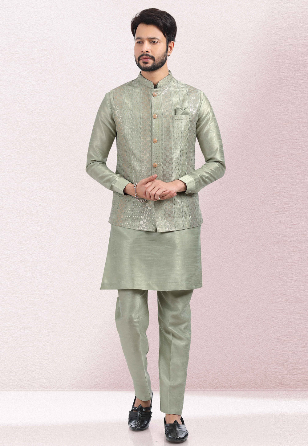 Pista Green Art Silk Kurta Pajama With Jacket 260147