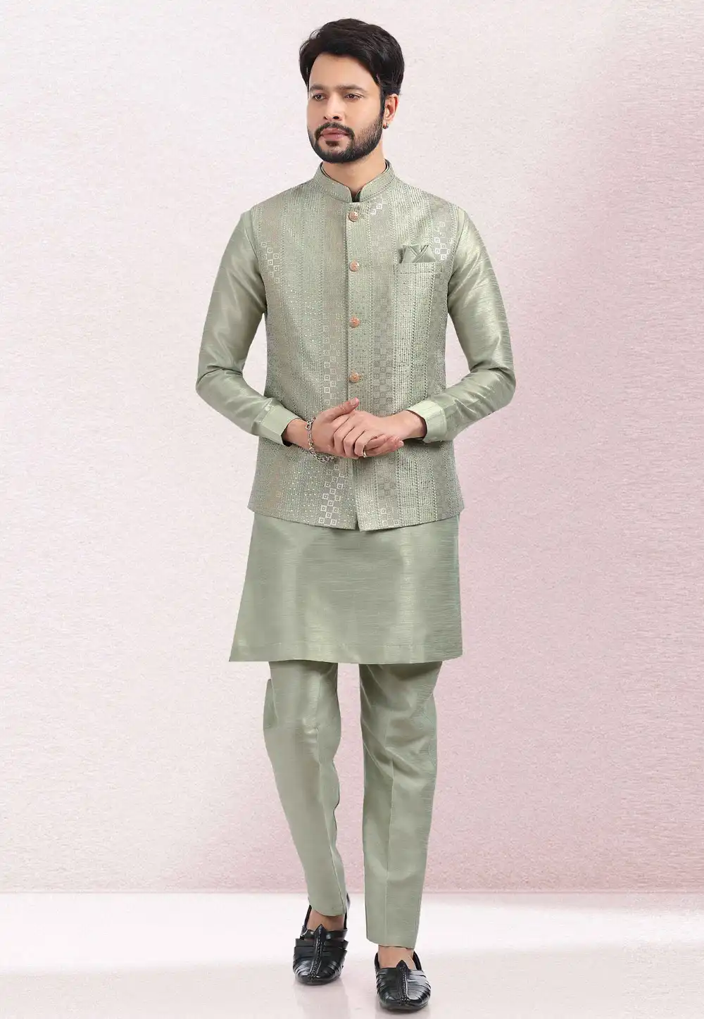 Pista Green Art Silk Kurta Pajama With Jacket 260147